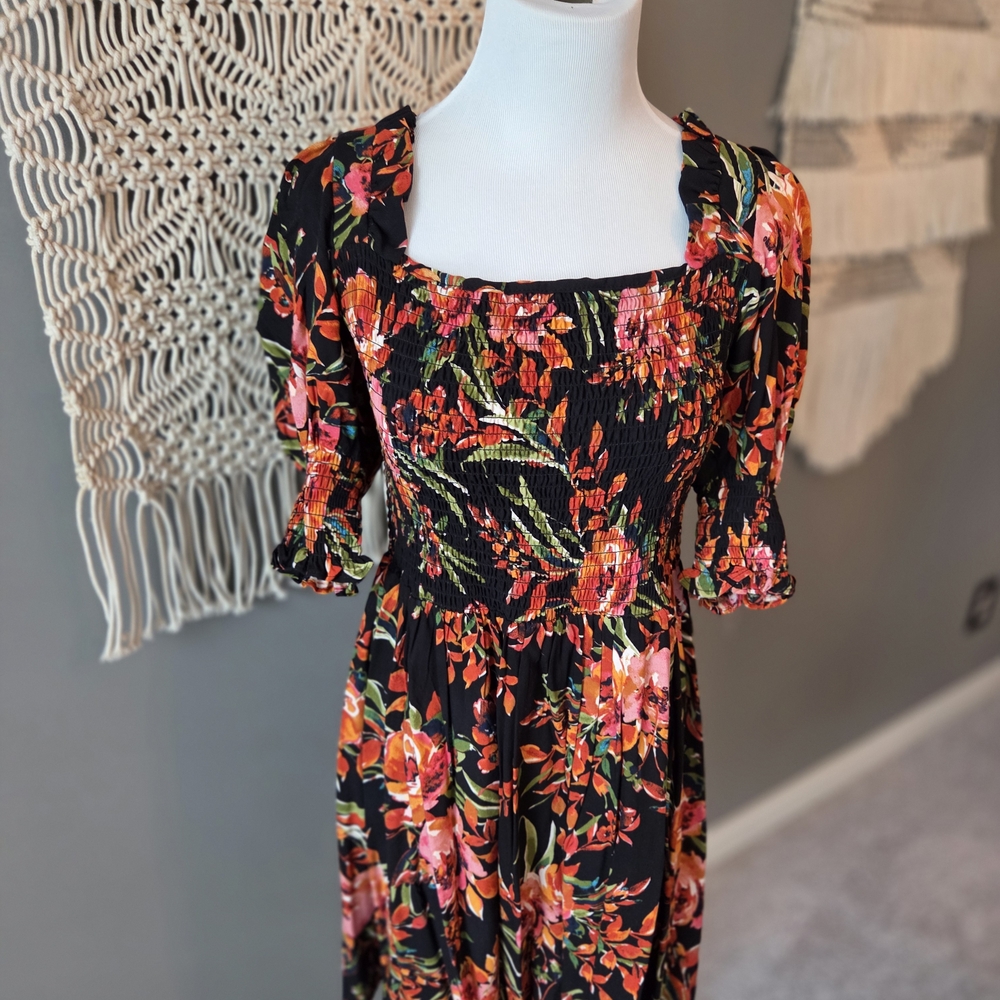 MSK Black and Red Floral Long Sleeve Dress